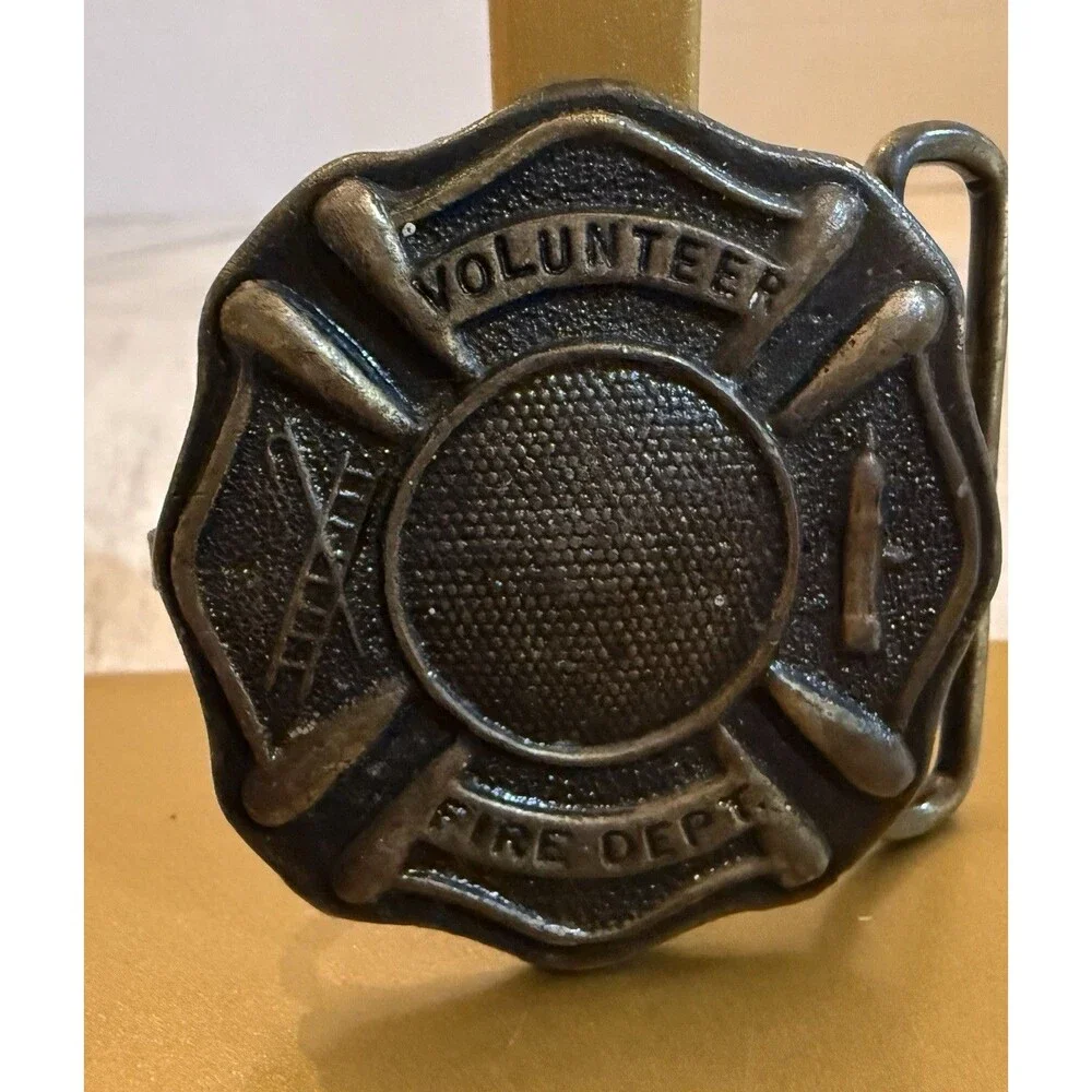 Vintage Solid Brass Volunteer Fire Department Belt Buckle Maltese Cross Ladder